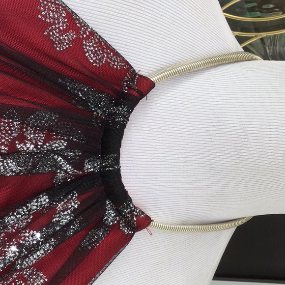 Red dress with sheer black sparkle top layer - Picture 3 of 8